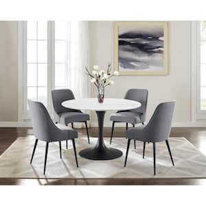 Colfax 45 in. Round White Marble Table with Black Pedestal Base and 4 Charcoal Upholstered Chairs