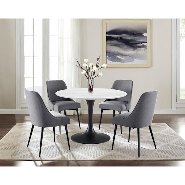 Steve Silver Colfax 45 in. Round White Marble Table with Black Pedestal Base and 4 Charcoal Upholstered Chairs