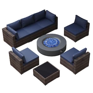 8 Pieces Outdoor Fire Pit Patio Set with 42 inches Dark Gray Round Fire Pit Table with Coffee Table, Navy Blue Cushions