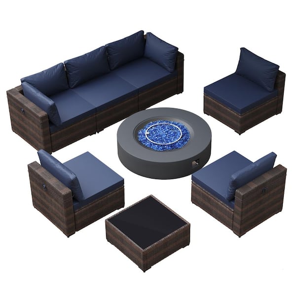UPHA 8 Pieces Outdoor Fire Pit Patio Set with 42 inches Dark Gray Round Fire Pit Table with Coffee Table, Navy Blue Cushions