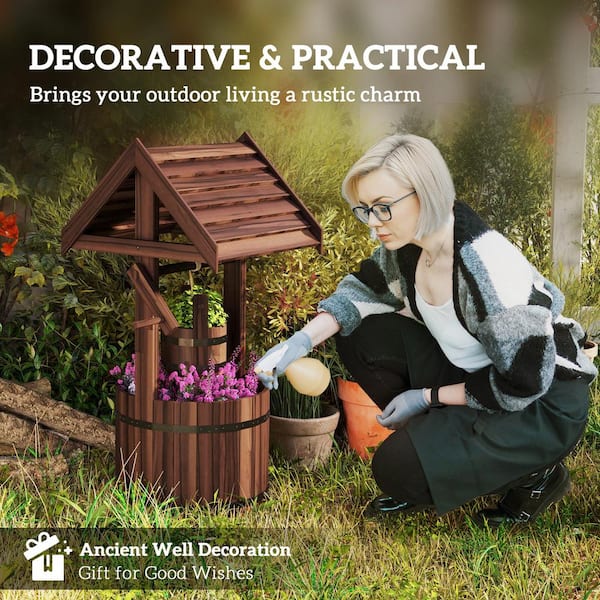 Outsunny - Wishing Well for Outside, Wood Wishing Well Planter with Hanging Bucket, Decorative Planter, Carbonized