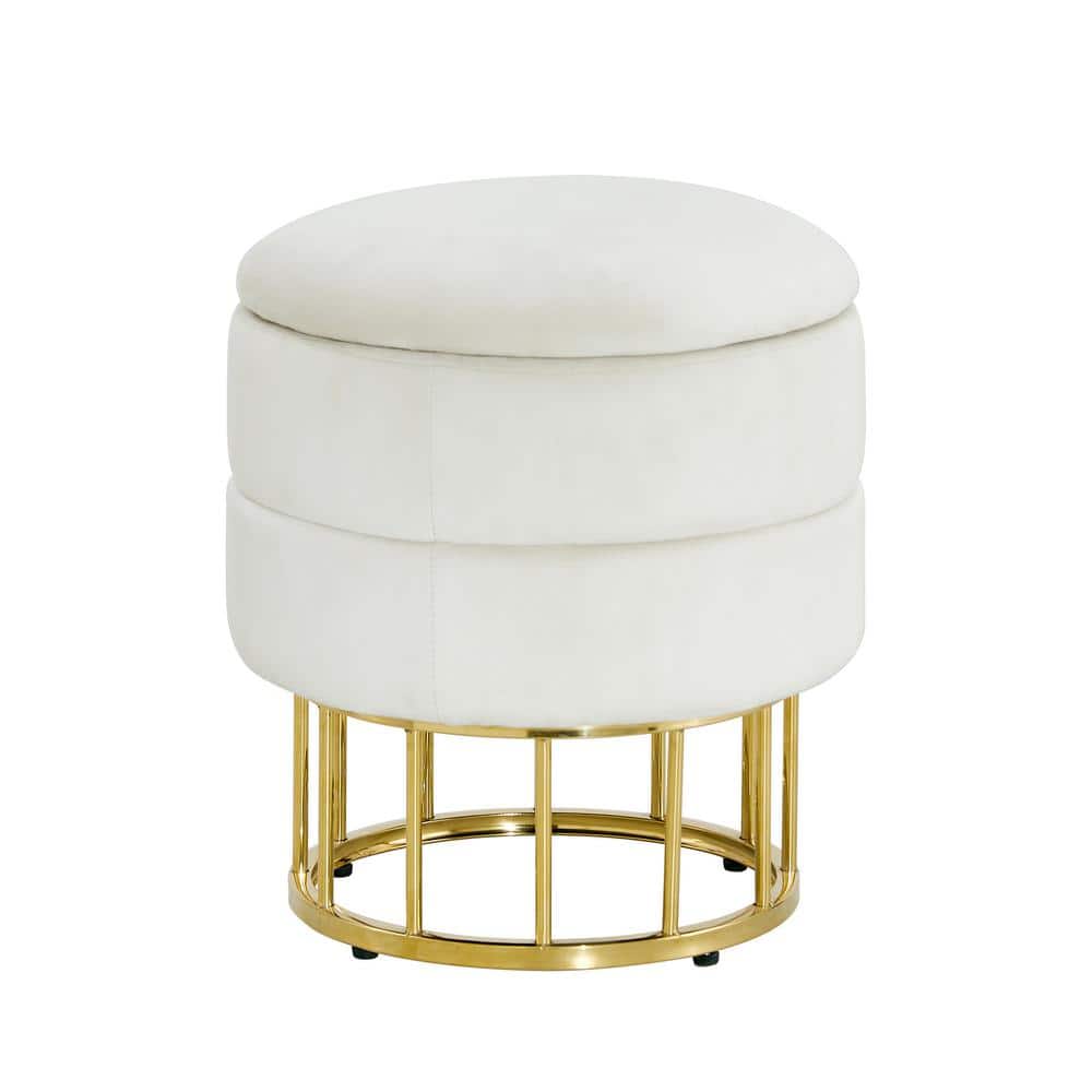 15 in. Modern White Velvet Fabric Round Upholstered Ottoman with 