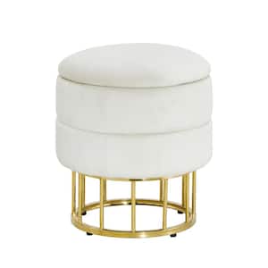 15 in. Modern White Velvet Fabric Round Upholstered Ottoman with Storage Foot Rest Ottoman Furniture Metal Small Stool