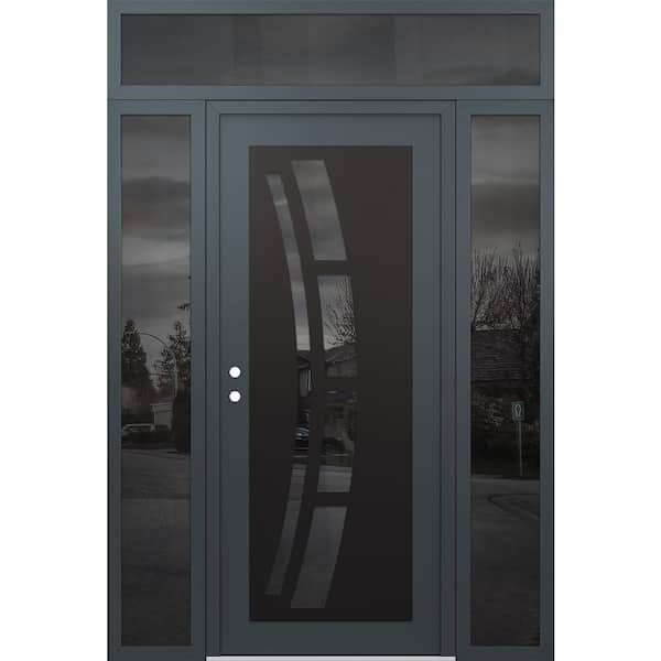 C12 68 in. x 96 in. Black P Right-Hand/Inswing Mirrored Glass Anth/Anth 2 Sidelite Plus Transom Steel Prehung Front Door
