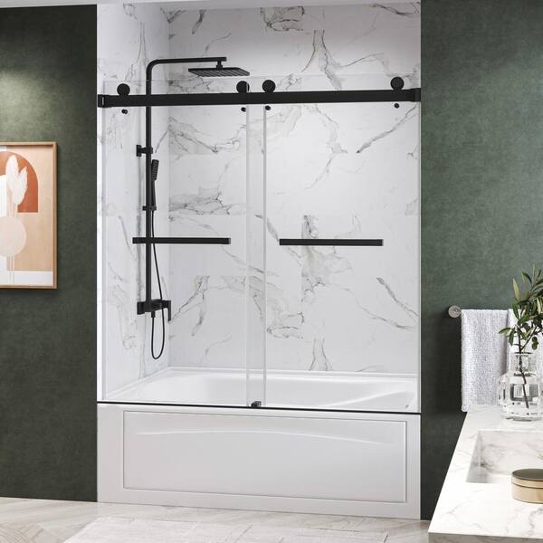 Kobiworks Catalyst 60 in. W x 66 in. H Double Sliding Frameless Tub Door in Matte Black with 3/8 in. Clear Glass
