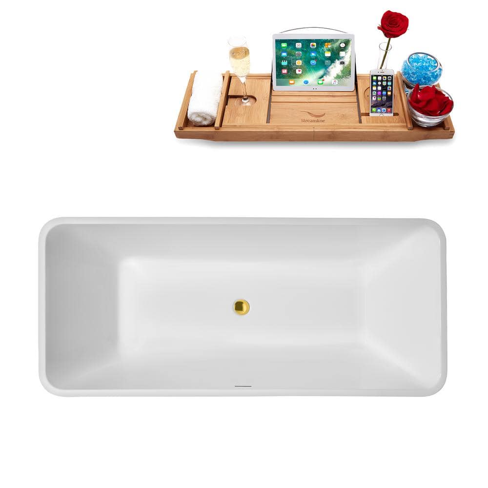 67" Glossy White Acrylic Freestanding Soaking Tub with Polished Gold Trim