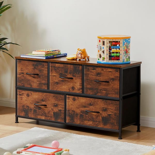 FIRNEWST Rafael Rust 39 in. W 5-Drawer Dresser with Fabric Bins and Steel Frame Storage Organizer Chest of Drawers