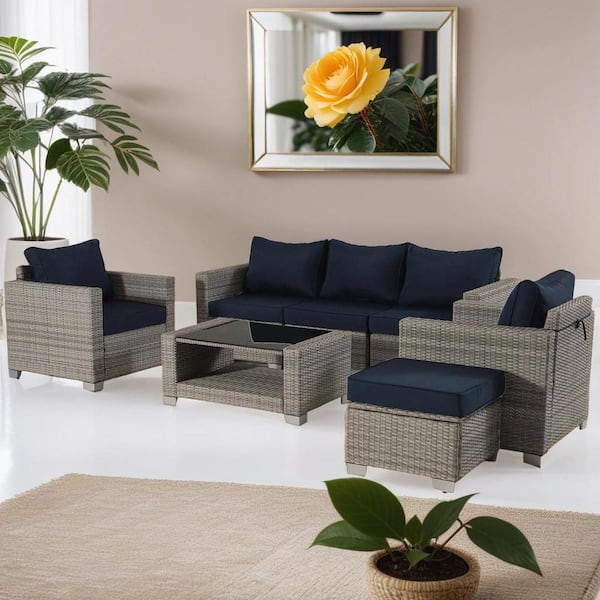 Tenleaf 7-Piece Wicker Outdoor Sectional Set with Dark Blue Cushions and Table