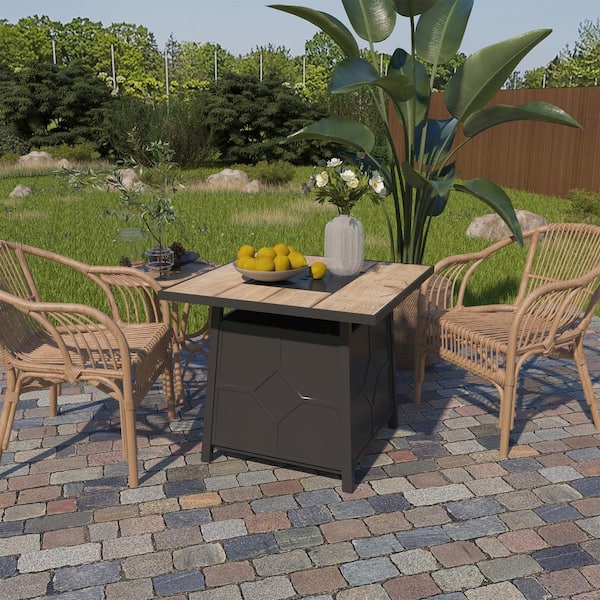 19 inch Outdoor Propane Fire Pit Table with 2 Chairs, 40,000 BTU Patio Gas Heater Column with Vertical Texture Surface, Red Lava Rocks, and PVC Firebowl Cover