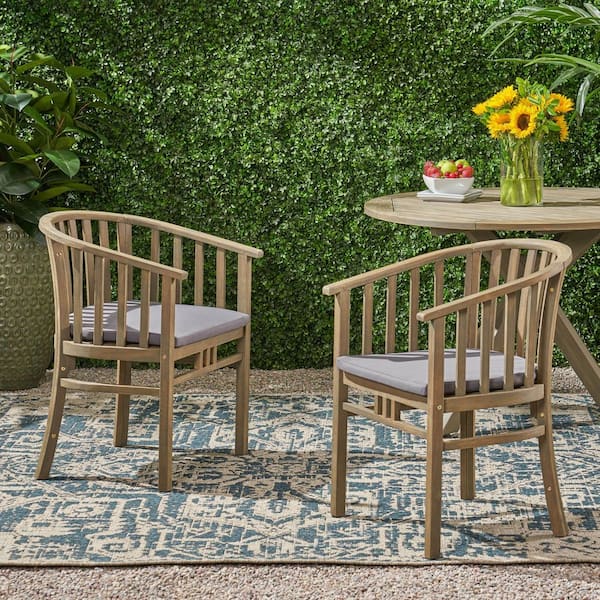 Harper & Bright Designs Gray Finish 100% Solid Wood Outdoor Dining Chair Armchair with Dark Gray Cushions (2-Pack)