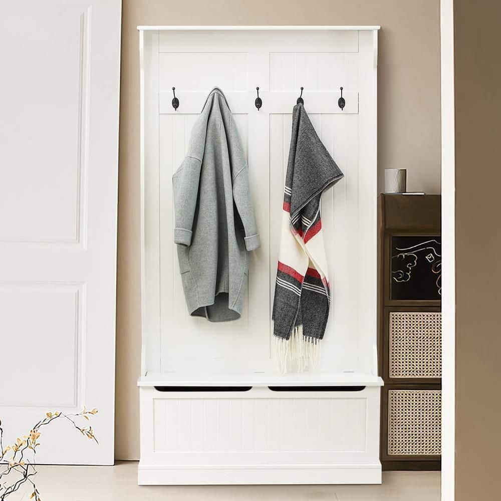 Bright White MDF Hall Tree with Storage Bench and Coat Hooks