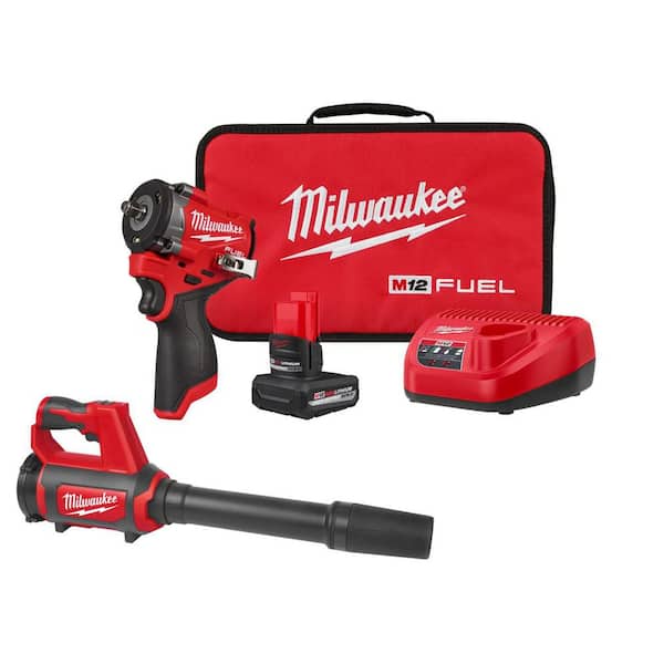 M12 FUEL 12V Li-Ion Brushless Cordless Stubby 3/8 in. Impact Wrench Kit w/ 5.0 Ah High Output Battery and Spot Blower