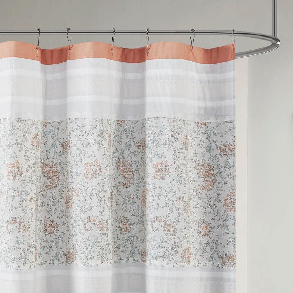 Coral and White Cotton Paisley Shower Curtain