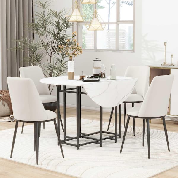 5-Piece Round Beige/White Wood Top Dining Table Set Seats 4 with 4 Upholstered Chairs