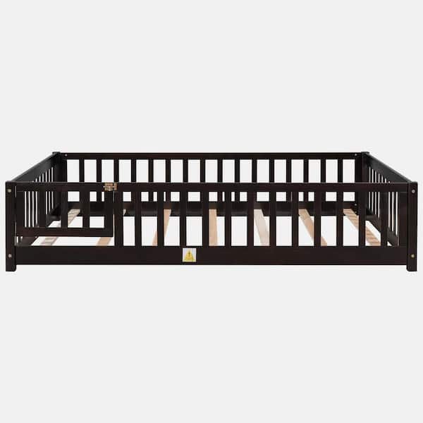 wetiny Brown Wood Frame Full Size Platform Bed with Fence without Door