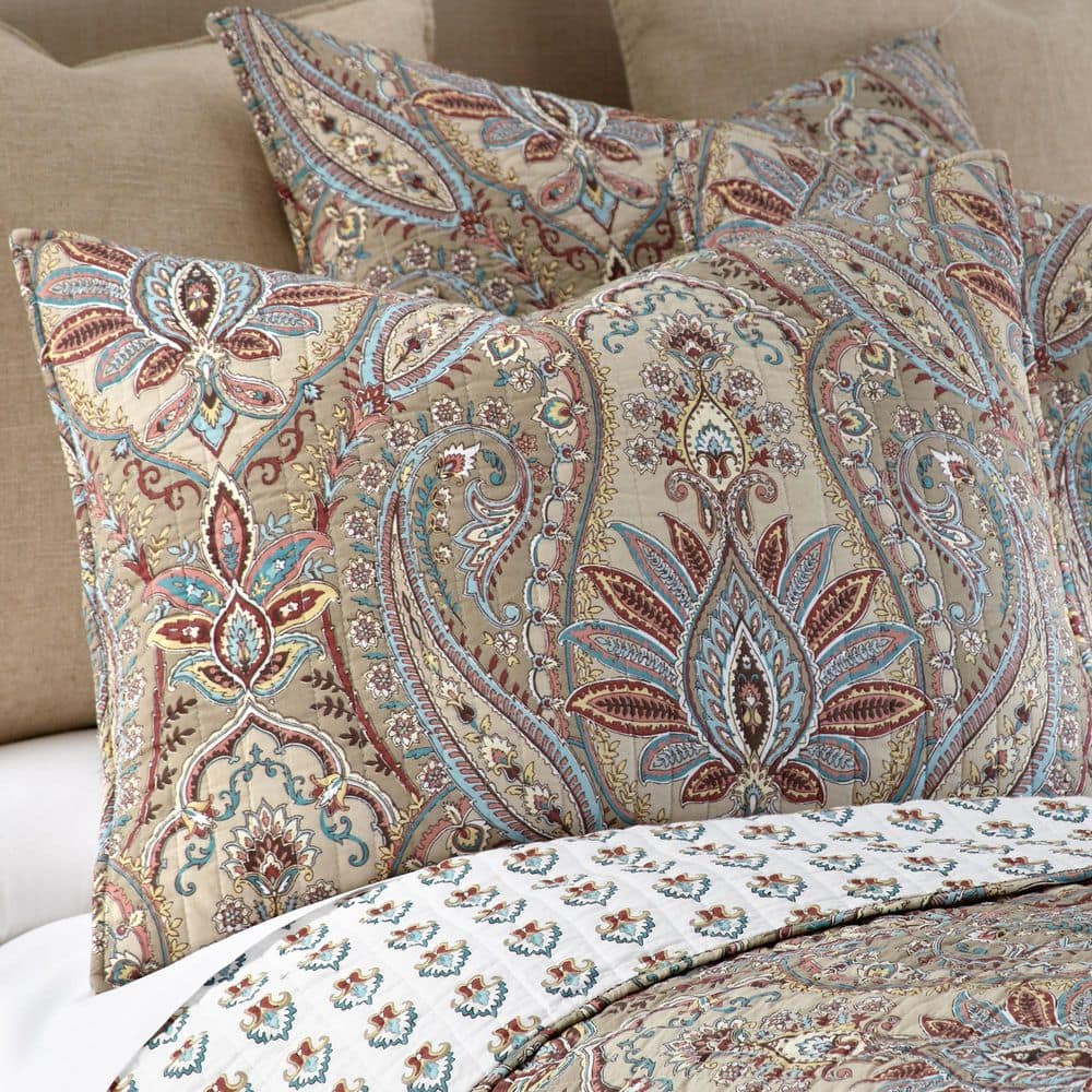 Full Blue Cotton Reversible Paisley Quilt Set