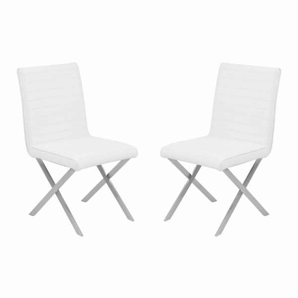 Benjara White and Silver Leatherette Dining Chair with X shaped Metal Legs (Set of 2)