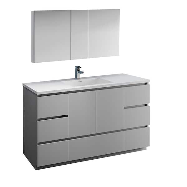 Fresca Lazzaro 60 in. Modern Bathroom Vanity in Gray with Vanity Top in White with White Basin and Medicine Cabinet