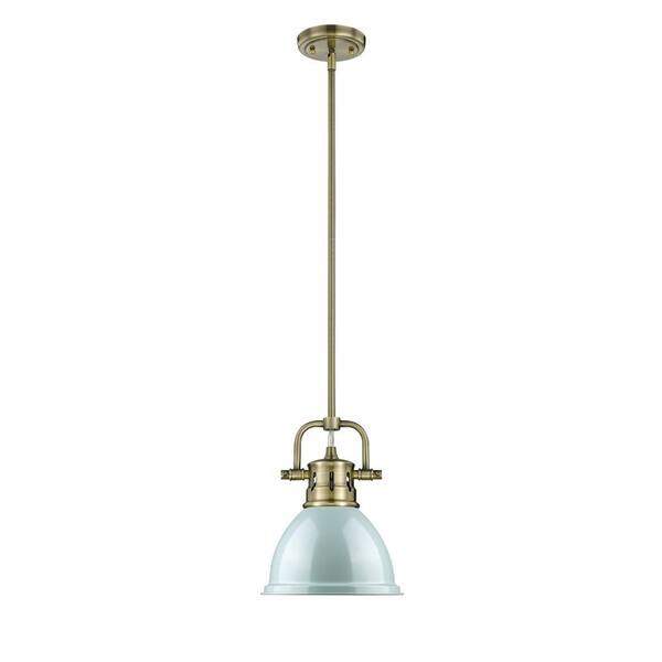 Golden Lighting Duncan AB 1-Light Aged Brass Pendant with Seafoam Shade