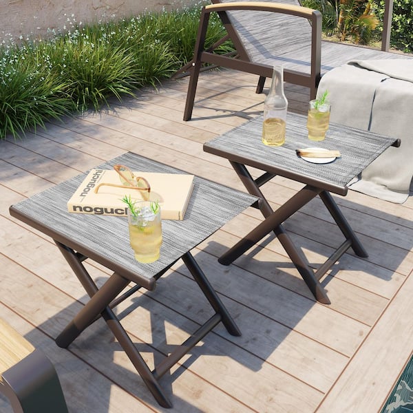 2-Piece Rectangle Aluminum 16.3 in. H Foldable Outdoor Side Table in Black and Gray