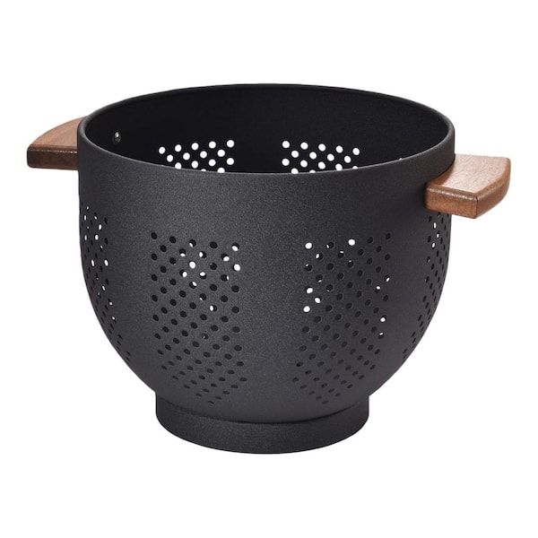 Matte Black Metal Colander with Wood Handle and Stable Base, Powder Coated Steel Kitchen Strainer Basket (Set of 1)
