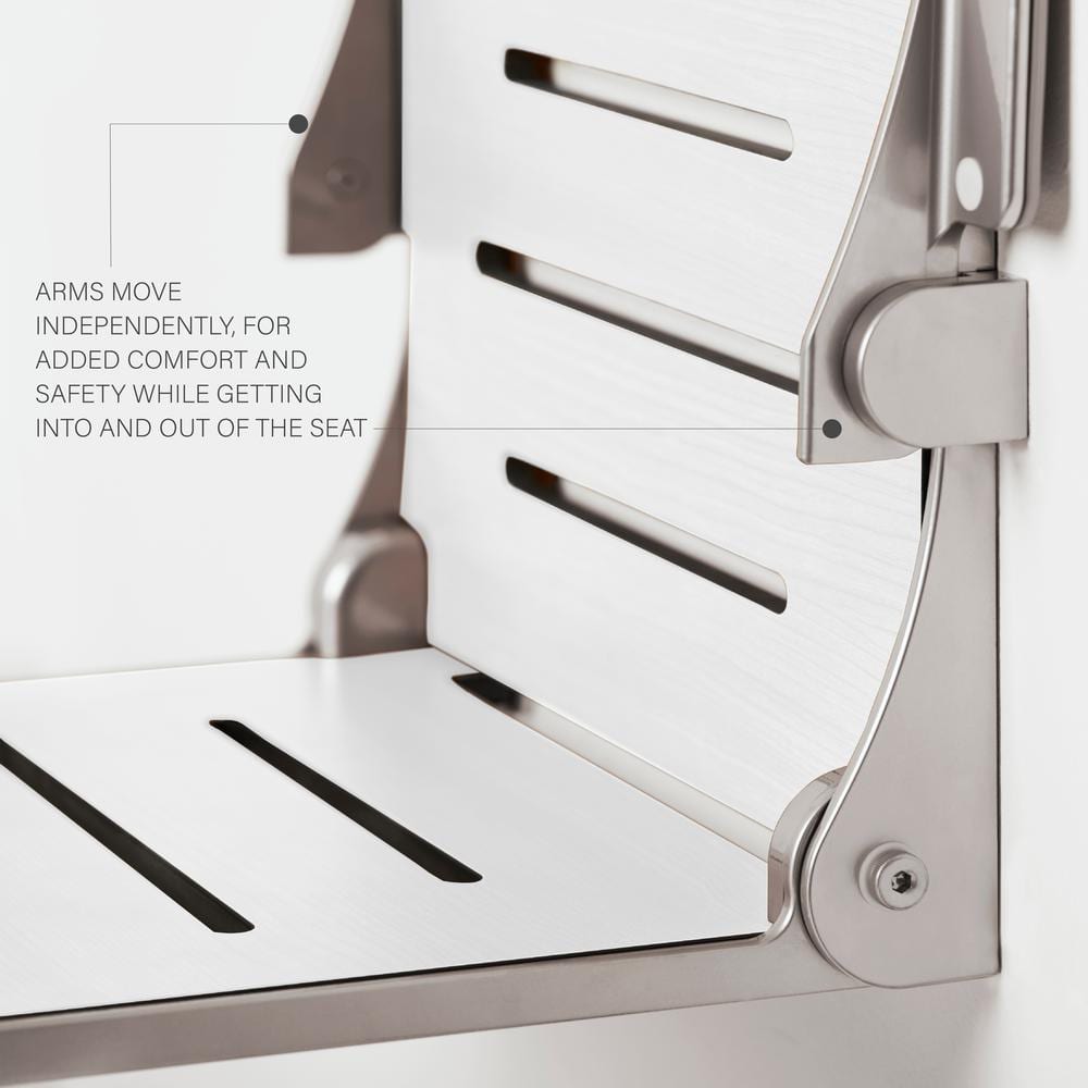 White Teak Folding Wall Mount Shower Seat with Arms