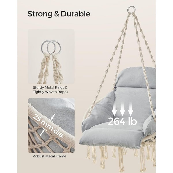 Hammock Chair with Large, Thick Cushion, Boho Swing Chair for Bedroom Holds  up to 264 lbs., Cloud White and Gray