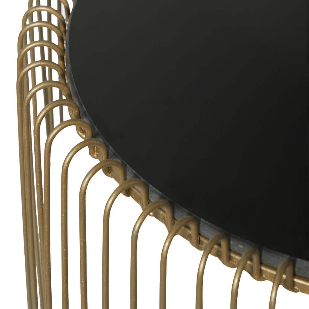 Elegant Gold Metal and Black Glass Round Accent Table Set