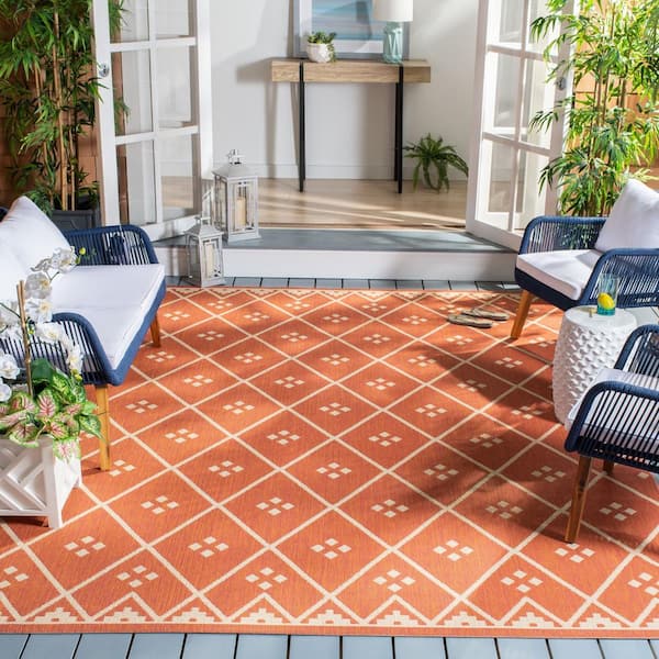 Courtyard Terracotta/Light Beige 9 ft. x 12 ft. Tribal Diamond Indoor/Outdoor Patio  Area Rug