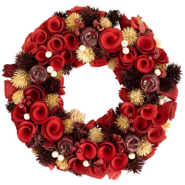 Northlight Wooden Roses Apples and Pearls Artificial Christmas Wreath - 12 in. - Red - Unlit