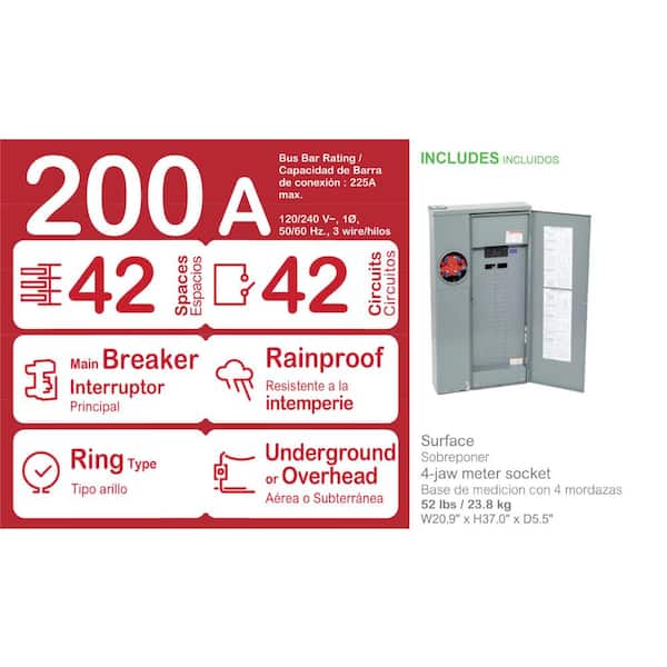 Homeline 200 Amp 42-Space 42-Circuit Outdoor Ring-Type Surface Mount Solar-Ready Main Breaker Plug-On Neutral CSED