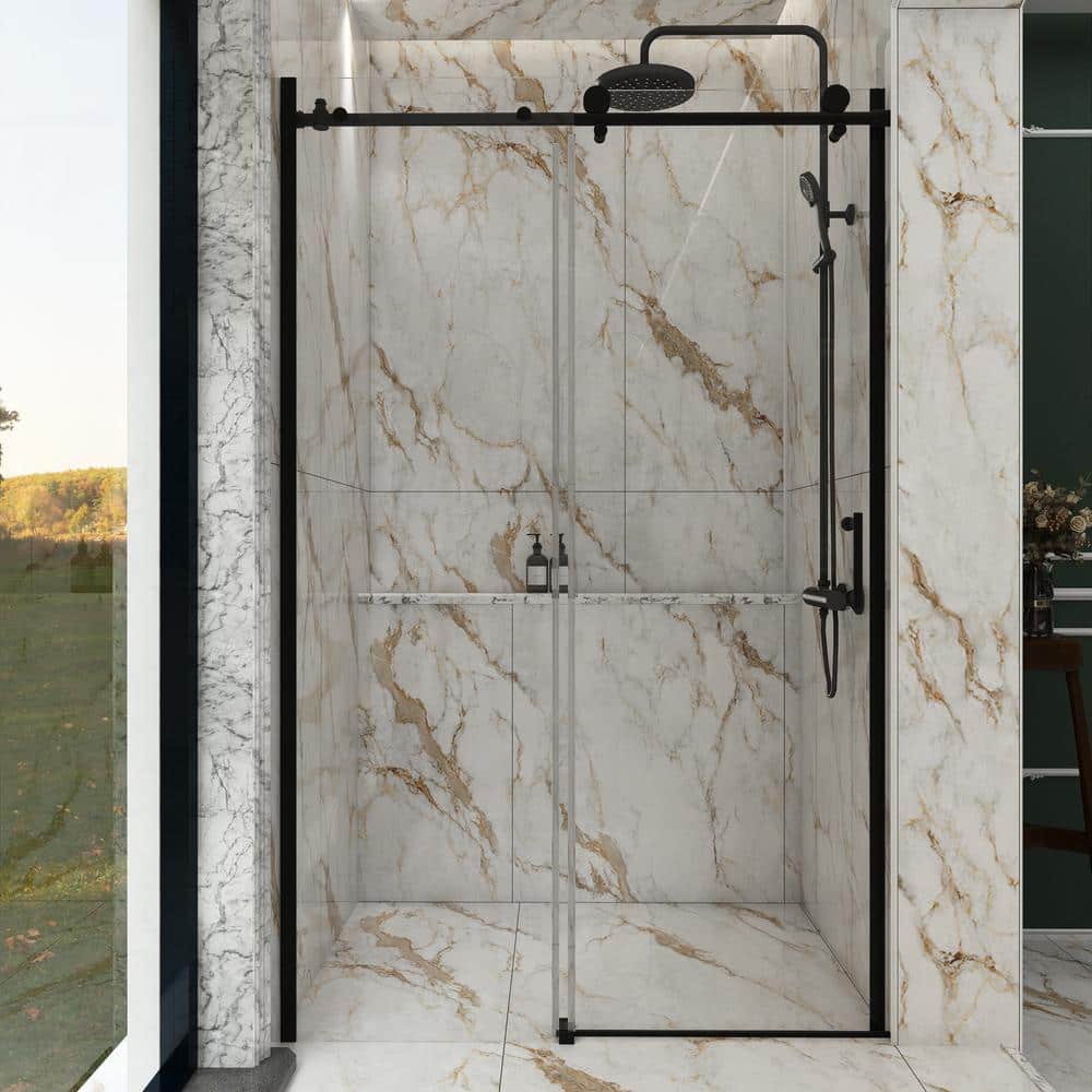 48 in. W x 76 in. H Sliding Sliding Semi-Frameless Shower Door in Matte Bla