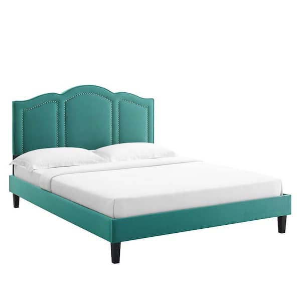MODWAY Emerson Blue Performance VelvetFrame Queen Platform Bed with Black Wood Legs