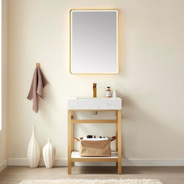 ROSWELL Funes 24 in. W x 22 in. D x 34 in. H Single Sink Bath Vanity in Brushed Gold with White Natural Stone Top and Mirror