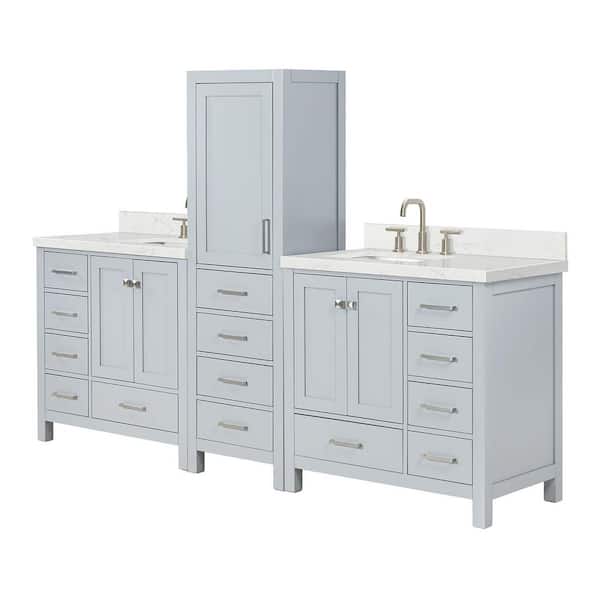 Cambridge 3-Piece 92 in. Wide Double Sink Bath Vanity And Linen Cabinet Set In Grey With Carrara White Quartz Top