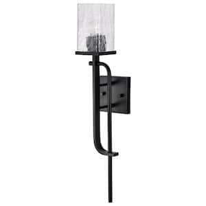 Terrace 4.5 in. 1-Light Matte Black Wall Sconce with Crackel Glass Shade