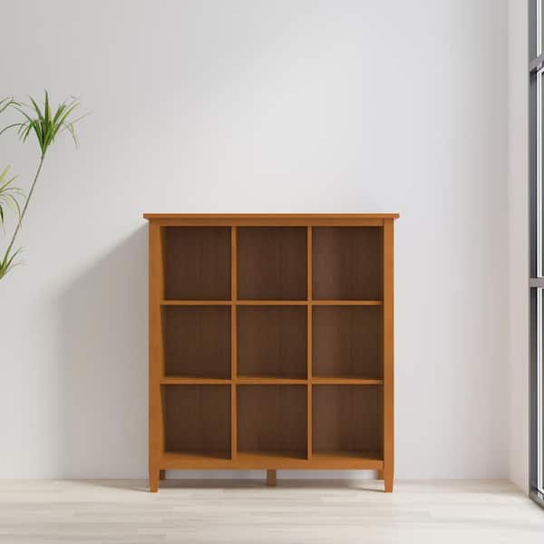 Simpli Home Warm Shaker 48 in. H Light Golden Brown Solid Wood 3-Shelf 9 Cube Storage Bookcase