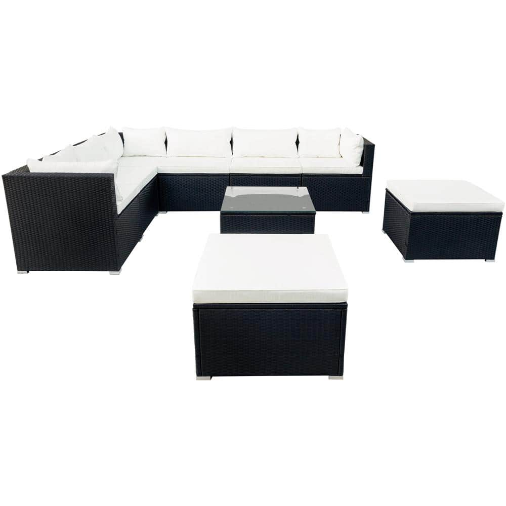 Contracted 9-Pieces Wicker Patio Conversation Set with Beige Cushions