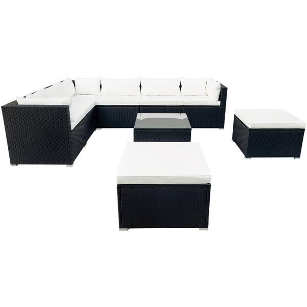 Unbranded Contracted 9-Pieces Wicker Patio Conversation Set with Beige Cushions