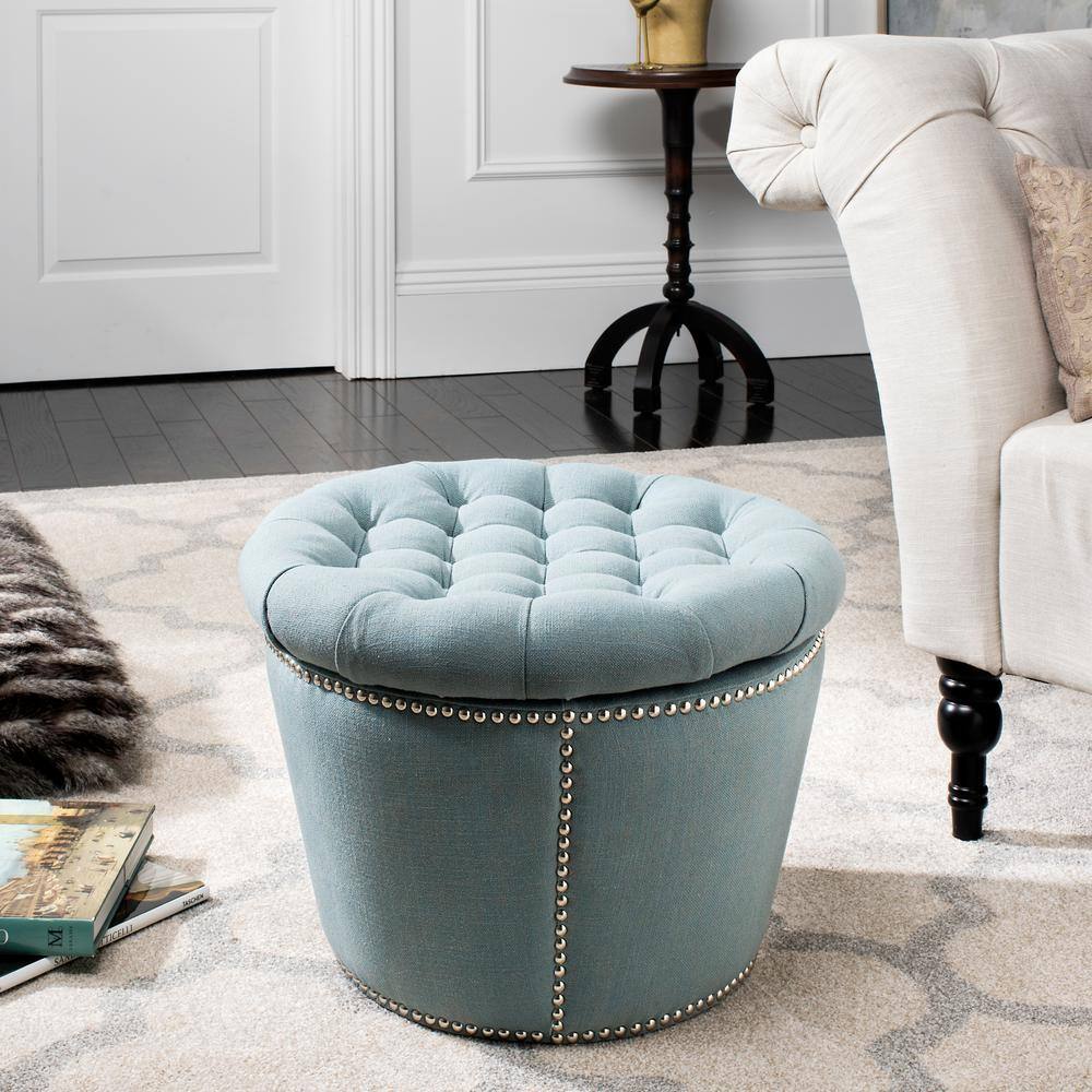 Sky Blue Tufted Round Linen Storage Ottoman