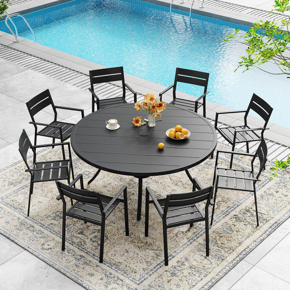 9-Piece All-Weather Metal Outdoor Patio Dining Set with 53 in. Black Round Table and 8 Black Stackable Dining Chairs