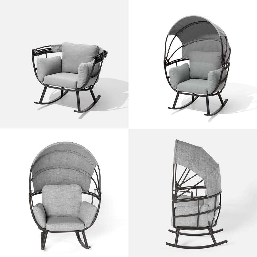 Gray and Black Iron Rocking Egg Chair with Cushions and Canopy