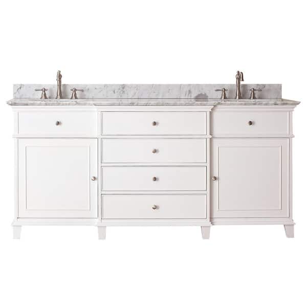 Avanity Windsor 73 in. W x 23 in. D x 35 in. H Vanity in White with Marble Vanity Top in Carrara White and White Basins