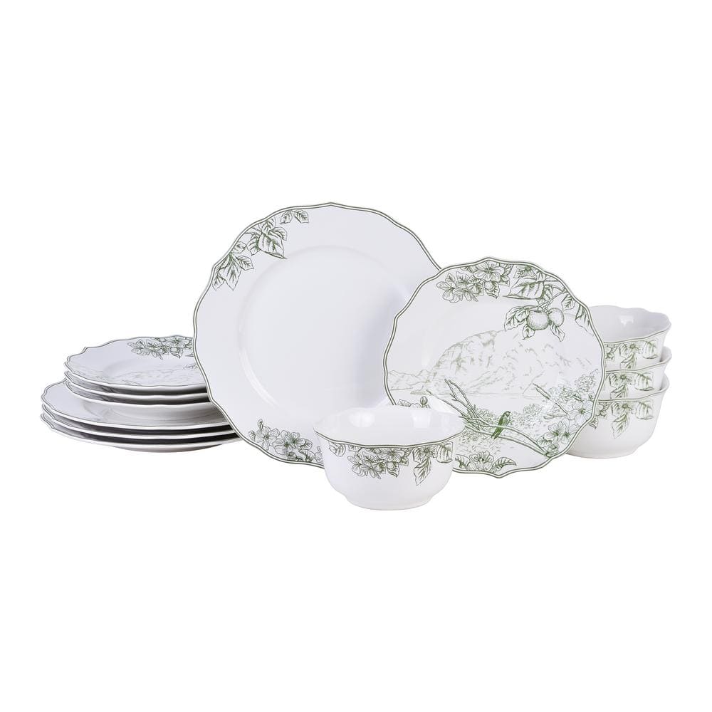 222 Fifth Hudson Valley 12-Piece Traditional Porcelain Green and White ...