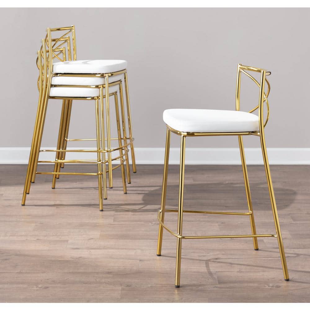 Charlotte 25" Gold Metal and White Faux Leather Counter Stool Set