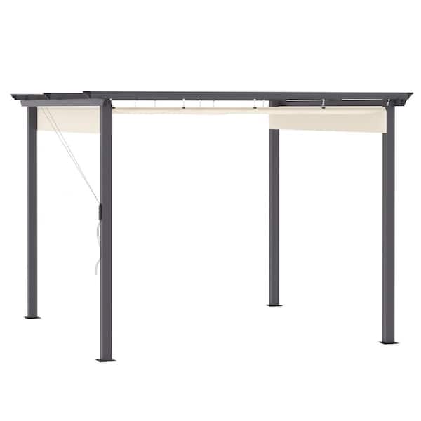 10 ft. x 10 ft. Cream White Retractable Pergola Canopy Patio Gazebo with Aluminum Frame
