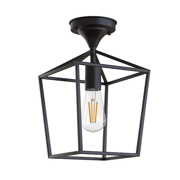 7 in. 1-Light Black Industrial Lantern Semi Flush Mount Ceiling Light for Living Room Dining Room