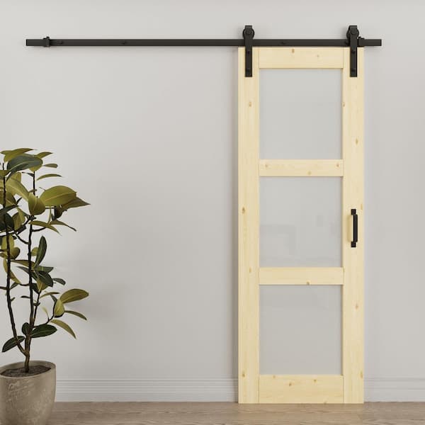 28 in. x 80 in. 3 Lite Tempered Frosted Glass Unfinished Solid Core Pine Wood Sliding Barn Door with Hardware Kit