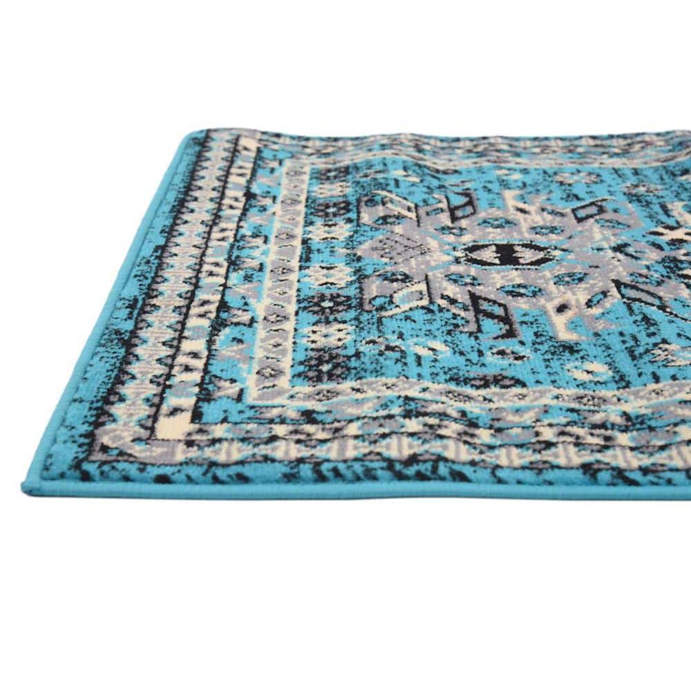 Turquoise and Black Synthetic Runner Rug with Tribal Design