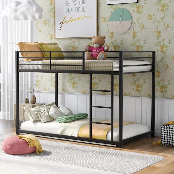 Twin Over Twin Metal Bunk Bed, Low Bunk Bed with Ladder - Black